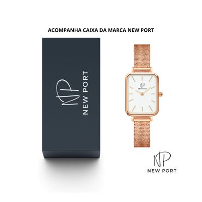 Relógio Quadrado Feminino De Pulso Analógico New Port Rosé