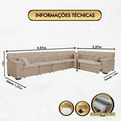 Sofá Magno 4.57x2.37m De Canto, Retrátil E Reclinável Bege