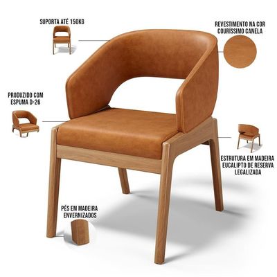 Kit 04 Cadeiras De Jantar E Estar Living Estofada Lince L02 Couríssimo Canela - Lyam Decor