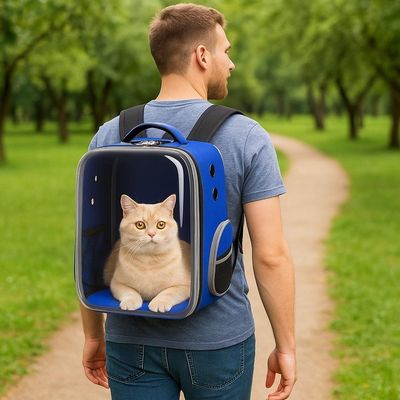 Bolsa Mochila Pet Visor Transparente Estilo Astronauta Cão Gato Viagem Ventilada Portátil Azul