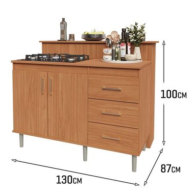 Kit Bancada Ilha Para Cozinha + Balcão Para Cooktop 1,20m 5 Bocas 2 Portas E 3 Gavetas Turim Nature Nature