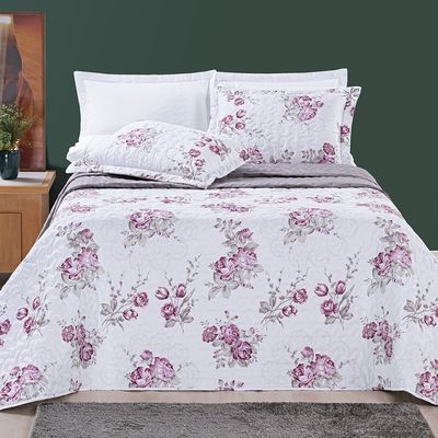 Kit Cobre Leito Colcha Júlia King 03 Peças MicroPercal 200 Fios DuplaFace Estampa Floral - Lilac