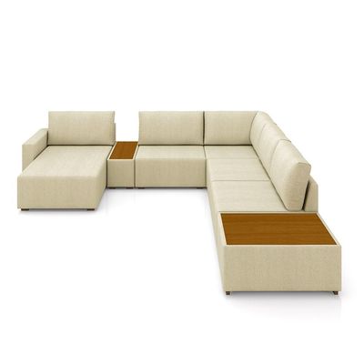 Sofá de Canto Decorativo Sala de Estar 715cm Modulado Takashi com Chaise e Puffs Linho Bege G45 - Gran Belo