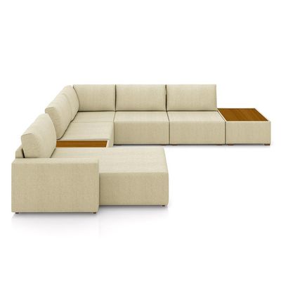 Sofá de Canto Decorativo Sala de Estar 715cm Modulado Takashi com Chaise e Puffs Linho Bege G45 - Gran Belo