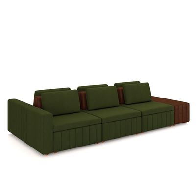 Sofá Ilha com Encosto e Almofadas Móveis Olimpo 335cm Modulado Linho/PU Verde/Marrom G45 - Gran Belo