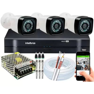 Kit 3 Cameras Segurança eletrônica 720p Full Hd Dvr Intelbras 4ch S/hd