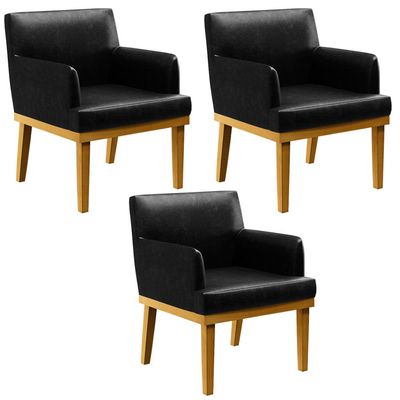 Kit 3 Poltronas Decorativas Para Sala De Estar E Recepção Beatriz W01 Couríssimo Preto - Lyam Decor