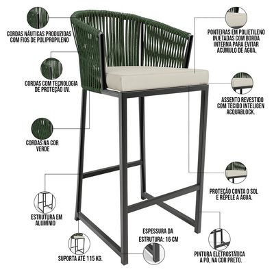 Kit Mesa Bistrô Maya Com 03 Banquetas Área Gourmet Bar Corda Náutica Sunset D04 Verde - Lyam Decor