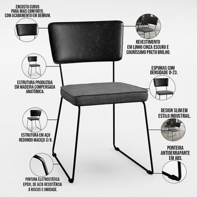 Mesa Capri 160cm Off White E 6 Cadeiras Allana B05 Couríssimo Preto Linho Cinza Escuro - Lyam Decor