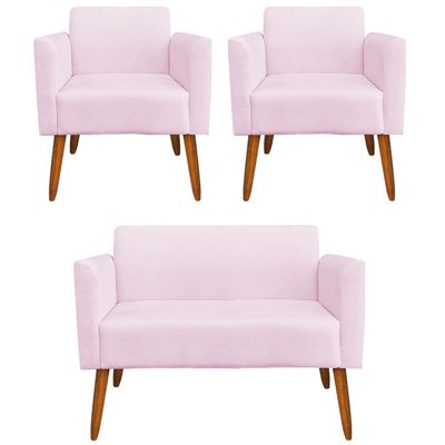 Conjunto Namoradeira e 2 Poltronas Decorativas Isabella Pés Palito Madeira Suede Rosa Bebê - Gran Belo