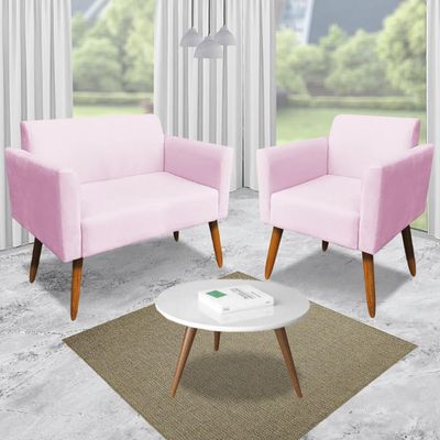 Conjunto Namoradeira e 2 Poltronas Decorativas Isabella Pés Palito Madeira Suede Rosa Bebê - Gran Belo