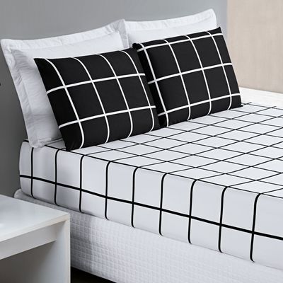 Jogo Cama Lençol Brooklyn King Quadriculado Micropercal 200 Fios 3 Peças - Preto