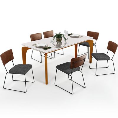 Mesa Capri 160cm Off White E 6 Cadeiras Allana B05 Couríssimo Marrom Linho Cinza Escuro - Lyam Decor