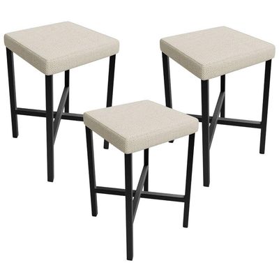 Kit 03 Banquetas Baixa Bar Cozinha Sala De Jantar Preto Stella L02 Linho Champagne - Lyam Decor