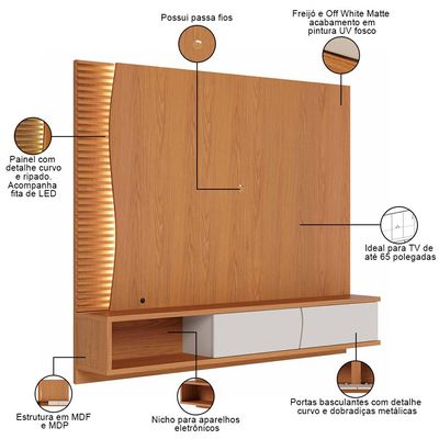 Painel Para TV 65 Pol Bancada Suspensa LED Patmos C04 Freijó Off White Matte - Lyam Decor
