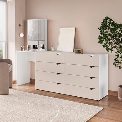 Cômoda com Espelho Porto 8 Gavetas Branca e Creme