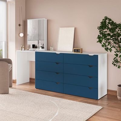 Cômoda com Espelho Porto 8 Gavetas Branca e Azul