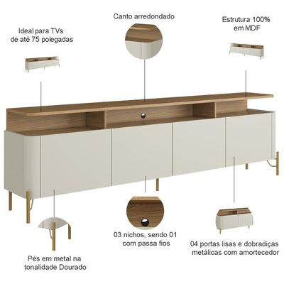 Rack Para Sala de Estar TV 75 Pol 4 Portas 220cm Pés Dourado Clio I03 Louro Luna - Lyam