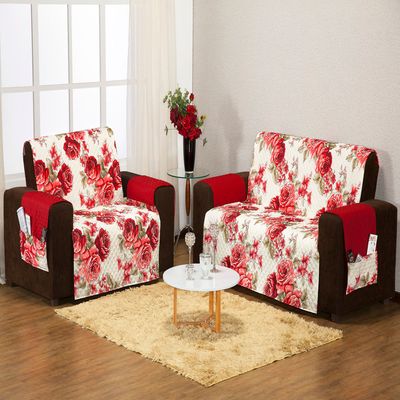 Protetor de Sofá 2 e 3 Lugares Floral Vermelho Enxovais Aquarela Padrão 2 e 3 lugares / Vermelho