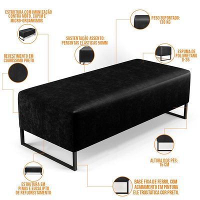 Puff Decorativo Sala de Estar Bali W01 Base Ferro 120x50 cm Couríssimo Preto - Lyam Decor