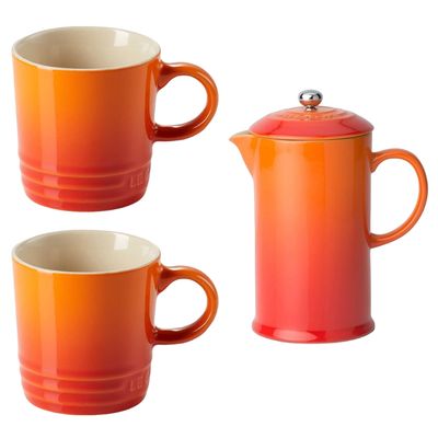 KIT LE CREUSET PRENSA FRANCESA  E 2 CANECAS 350ML EM CERÂMICA LARANJA
