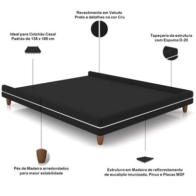 Cabeceira Casal Nilo 140cm Com Cama Pés Madeira Suném P05 Veludo Preto - Lyam Decor