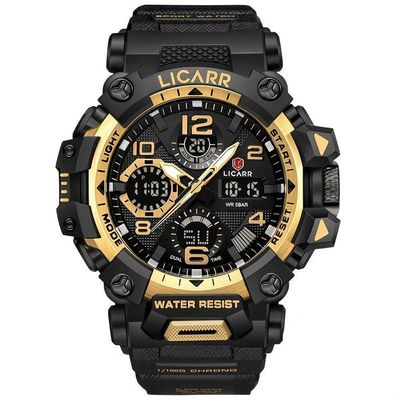 Relógio Digital Masculino à Prova De água 5atm Duplo Display Esportivo Quartzo Dourado Preto