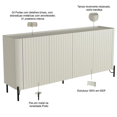 Aparador Buffet Sala de Jantar 4 Portas Brise Pés Industrial Preto Naim I03 Luna - Lyam Decor