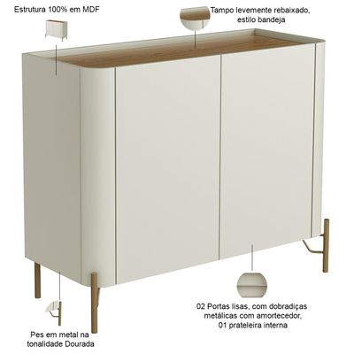 Aparador Buffet Para Sala de Jantar 2 Portas Pés Industrial Dourado Naim I03 Luna Louro - Lyam Decor