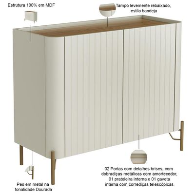 Buffet Sala de Jantar 2 Portas Brise 1 Gaveta Pés Industrial Dourado Naim I03 Luna Louro - Lyam