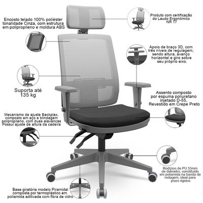 Cadeira De Escritório Giratória Presidente Back Fritz P03 Tela Cinza Crepe Preto - Lyam Decor