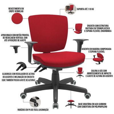 Kit 02 Cadeiras de Escritório Executiva Giratória Preto Baixa Flexi P03 Poliéster Vermelho - Lyam