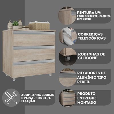 Gabinete Banheiro Rodinhas Joia 60cm 03 Gavetas Madeirado Inteiro