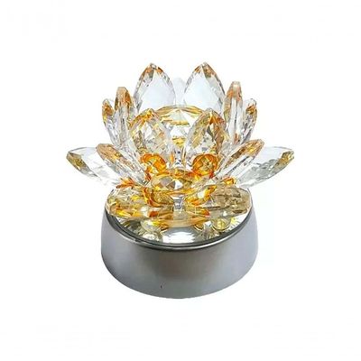 Enfeite Escultura De Vidro Flor De Lotus De 10cm Com Base Espelhada Led Rgb Enfeite De Cristal Amarelo