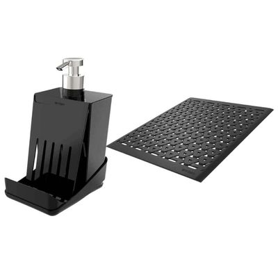 Kit Escorredor Protetor de Pia e Porta Detergente Esponja Preto Bancada Cozinha