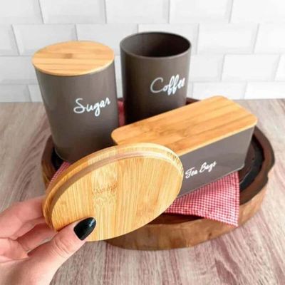 Kit 4 Potes para Biscoito Herméticos Lata Porta Mantimentos com Tampa de Bambu Canister Warm Gray