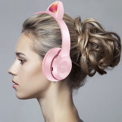 Fone De Ouvido Bluetooth Headset Com Orelha de Gatinho LED Rosa