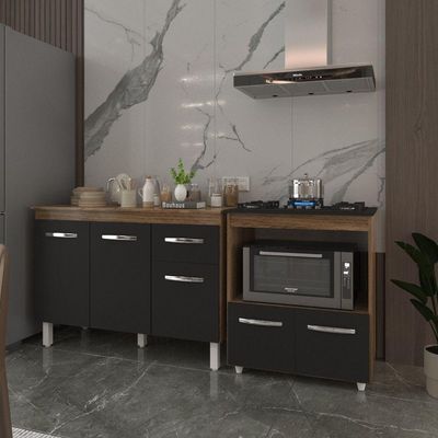 Balcão Armário Gabinete Aline 118 Cm Preto Com Tampo E Balcão Evelyn Para Cooktop 5 Bocas Preto