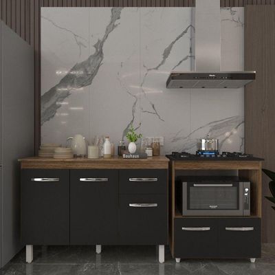 Balcão Armário Gabinete Aline 118 Cm Preto Com Tampo E Balcão Evelyn Para Cooktop 5 Bocas Preto
