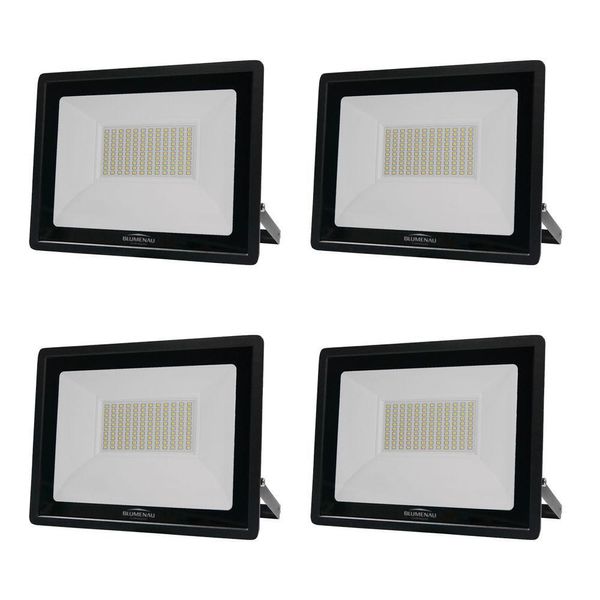Kit 4 Refletor De Led Slim 100w Prova Dágua Preto Bivolt 6500k Frio