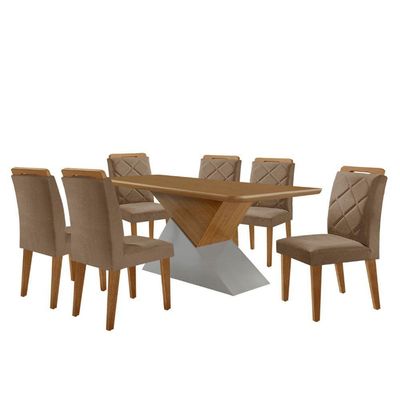Mesa Sala De Jantar Aster 180cm E 6 Cadeiras Melissa Moderna Veludo Capuccino Off White Imbuia