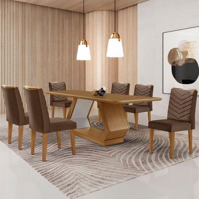 Mesa Sala De Jantar Alvorada 180cm E 6 Cadeiras Liz Moderna Veludo Marrom/off White/imbuia