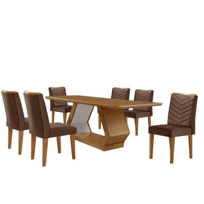 Mesa Sala De Jantar Alvorada 180cm E 6 Cadeiras Liz Moderna Veludo Marrom/off White/imbuia