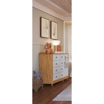 Cômoda De Bebê Elô 1 Porta Com Janela 4 Gavetas - Moveis Peroba Amendoa-off White