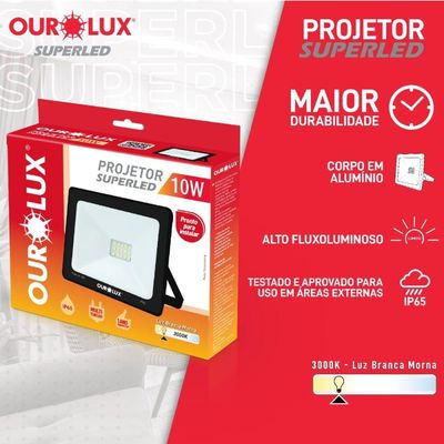 Projetor Led Slim 10w Preto 3000k - Ourolux Refletor Led Slim 3000k 10w Preto Bivolt