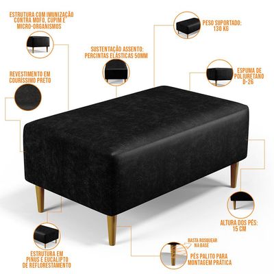 Kit 02 Puffs Decorativo Sala de Estar Cléo W01 Pés Palito 90 cm Couríssimo Preto - Lyam Decor