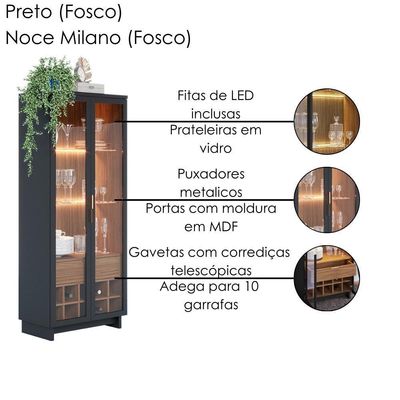 Cristaleira Guanabara E Balcão Buffet Vitoria Noce Milano Preto Colibri