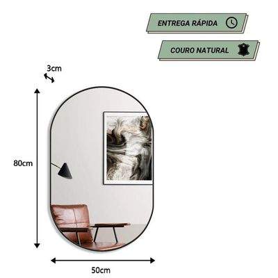 Espelho Brillare Decorativo Oval 80x50 Com Borda em Couro + Suporte Preto
