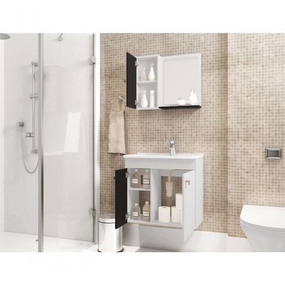 Conjunto Gabinete E Espelheira Zurique Para Banheiro Branco Preto Fosco
