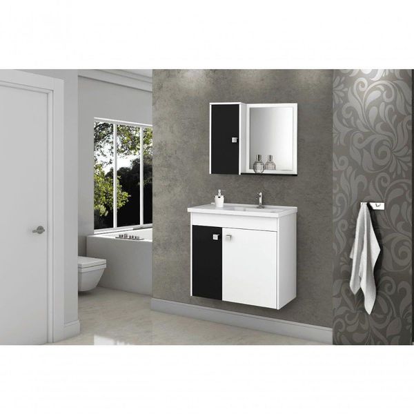 Conjunto Gabinete E Espelheira Zurique Para Banheiro Branco Preto Fosco